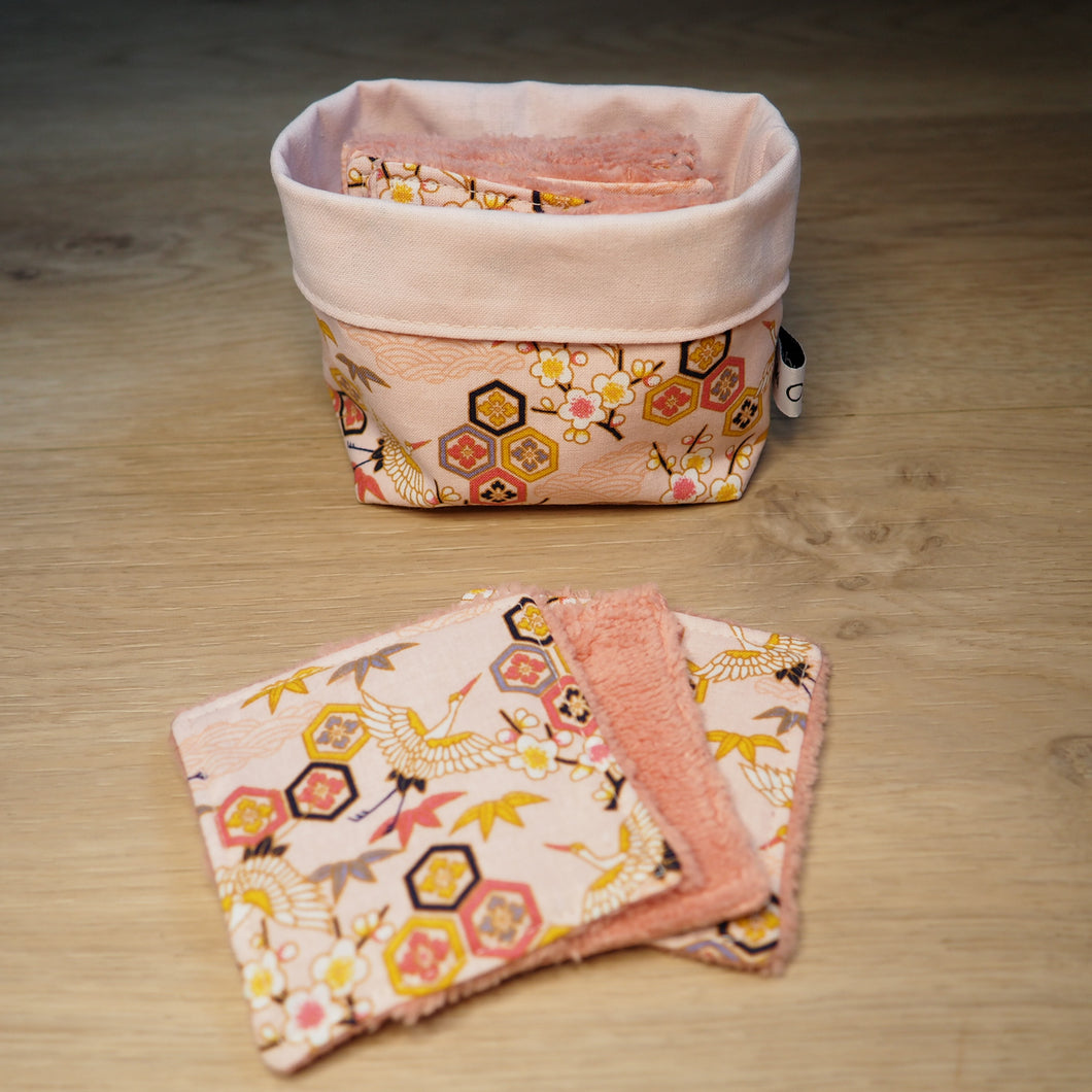 lot de 10 lingettes avec panière assortie, rose aux motifs de grues et fleurs de cerisier